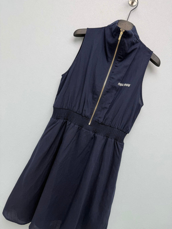 Miu Collar Zipper Sleeveless Waist-Cinching Dress Navy Linen 394354