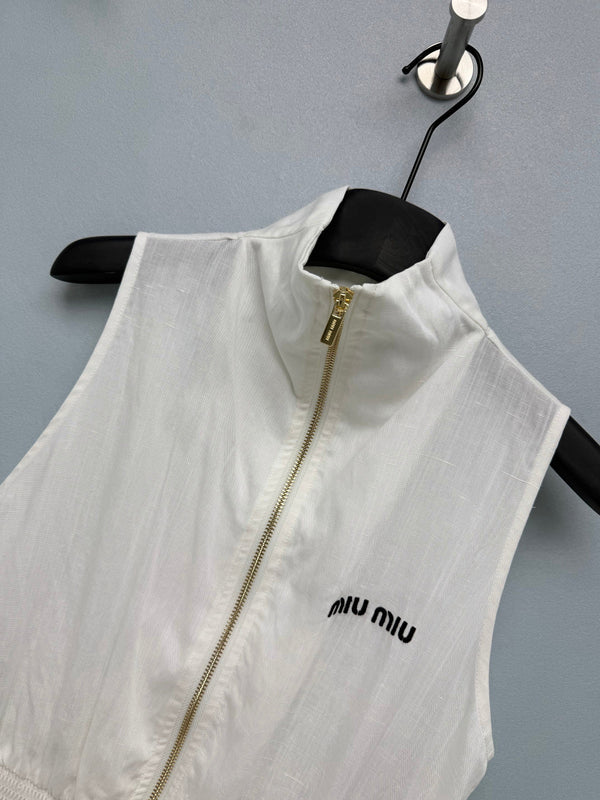 Miu Collar Zipper Sleeveless Waist-Cinching Dress White Linen 394352