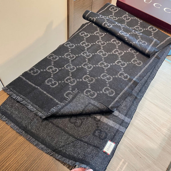 GG Double G Jacquard Scarf 180CM Black Wool 283097
