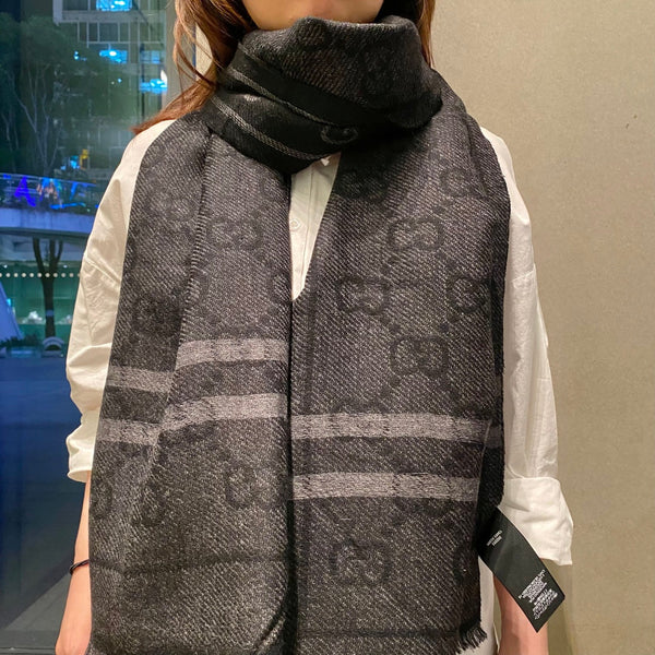 GG Double G Jacquard Scarf 180CM Black Wool 283097