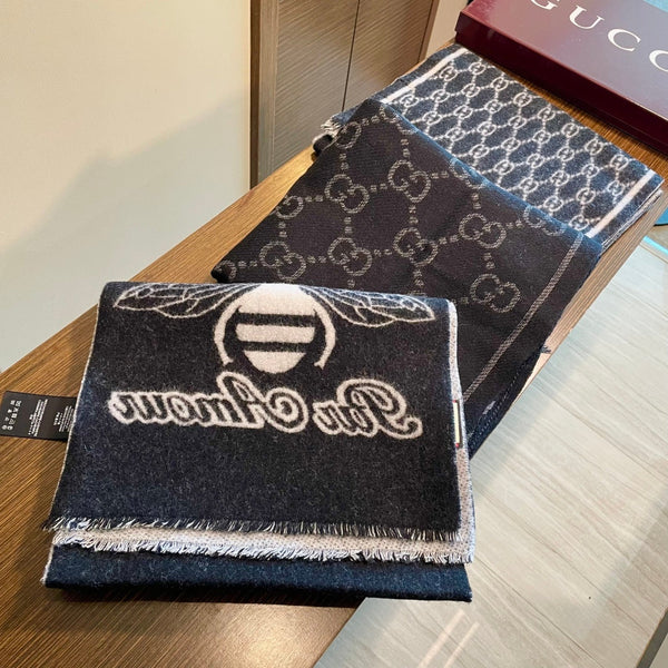 GG Double G Jacquard Scarf 180CM Black Wool 283099