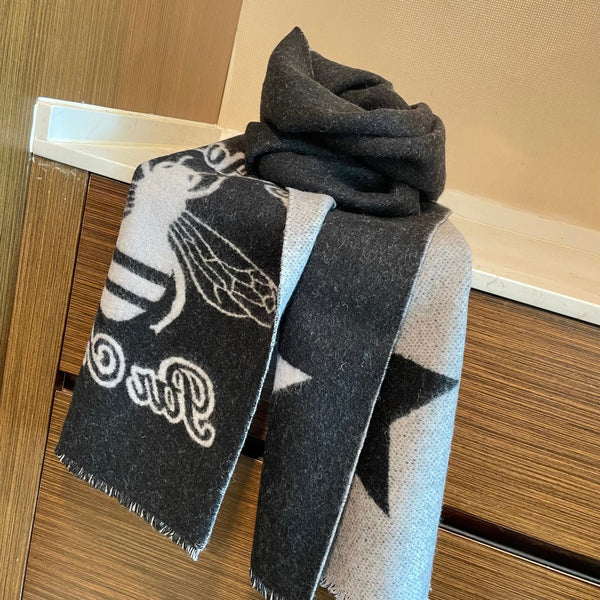 GG Double G Jacquard Scarf 180CM Black Gray Wool 283098