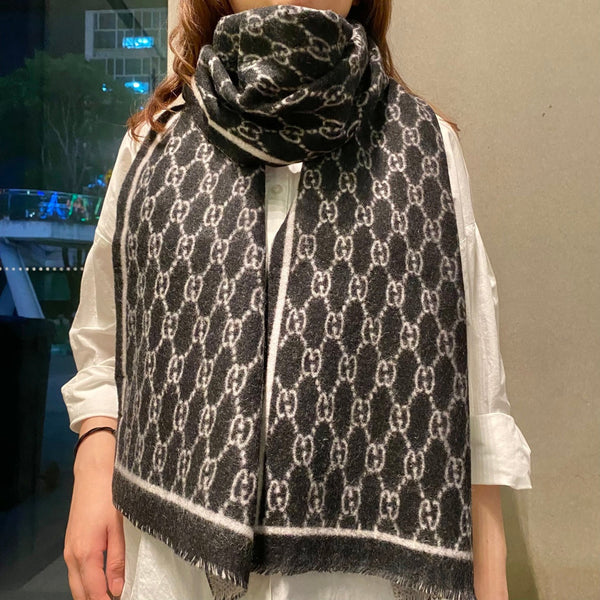 GG Double G Jacquard Scarf 180CM Black Wool 283099