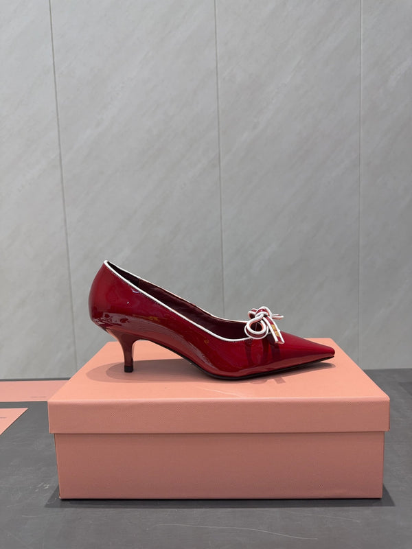 Miu 26s Pointed Toe Pumps 55mm In Dark Red Calfskin With Bow