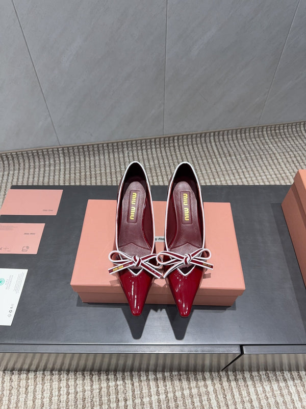 Miu 26s Pointed Toe Pumps 55mm In Dark Red Calfskin With Bow