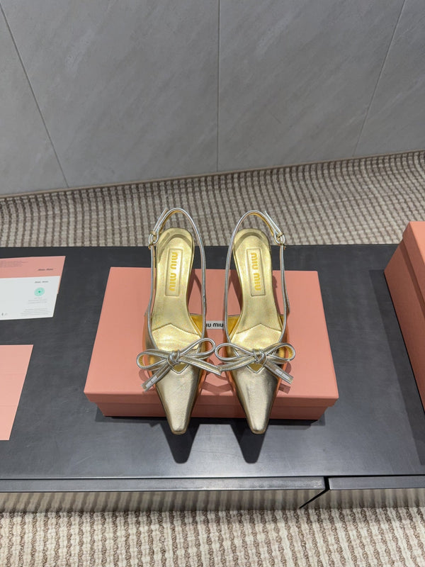 Miu 26s Slingback 55mm In Gold Calfskin With Bow