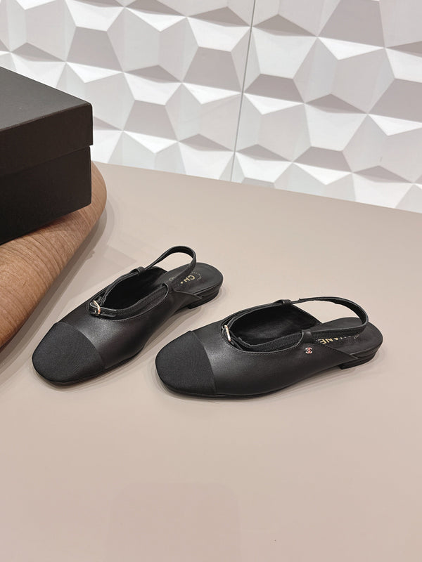 CC 26s Ballerines bout rond à dos ouvert Tissu noir Cuir 613254