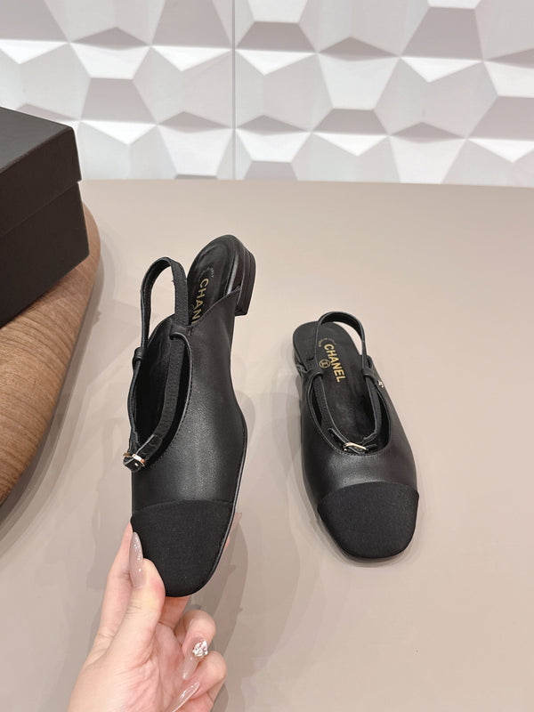 CC 26s Ballerines bout rond à dos ouvert Tissu noir Cuir 613254