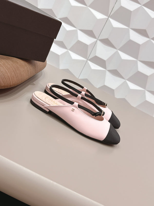 CC 26s Ballerines à bout rond ouvertes à l'arrière Tissu noir rose Cuir 613256