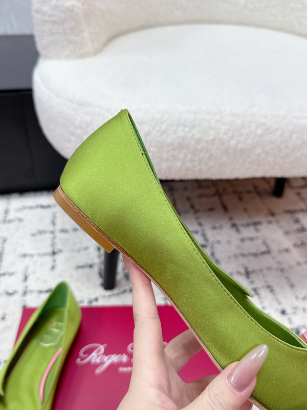 RV Rose Vivier Flower Slingback Flat Pink Green Satin 617284