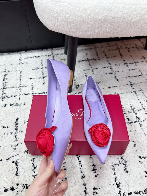 RV Rose Vivier Flower Slingback Plat Satin Pourpre Rouge 617287