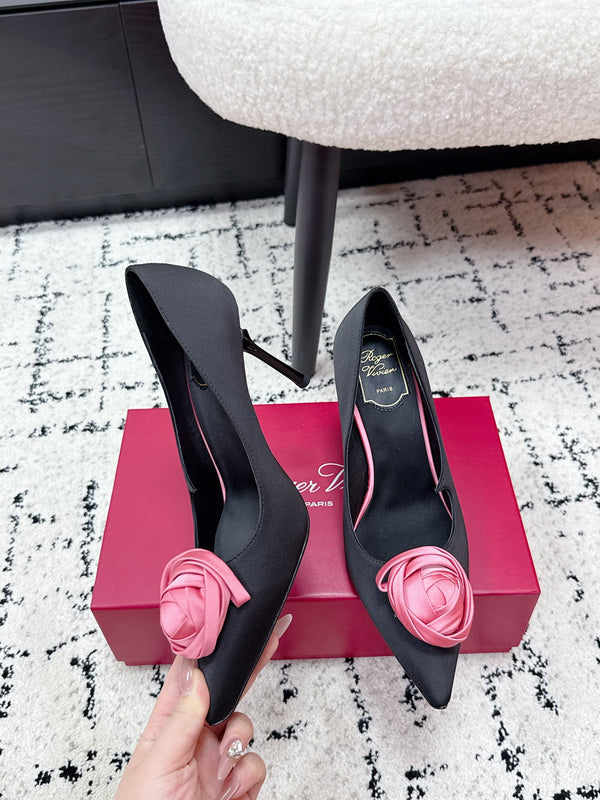 RV Rose Vivier Flower Pumps 10cm Pink Black Satin 617291