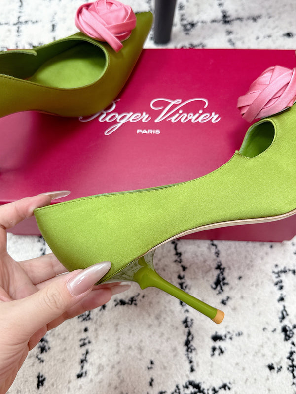 RV Rose Vivier Flower Pumps 10cm Pink Green Satin 617295