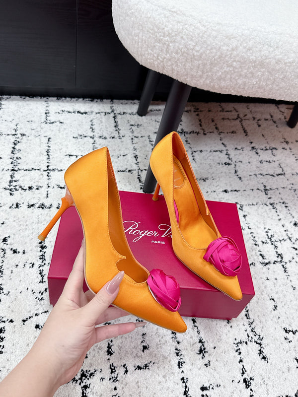 RV Rose Vivier Flower Pumps 10cm Pink Orange Satin 617297