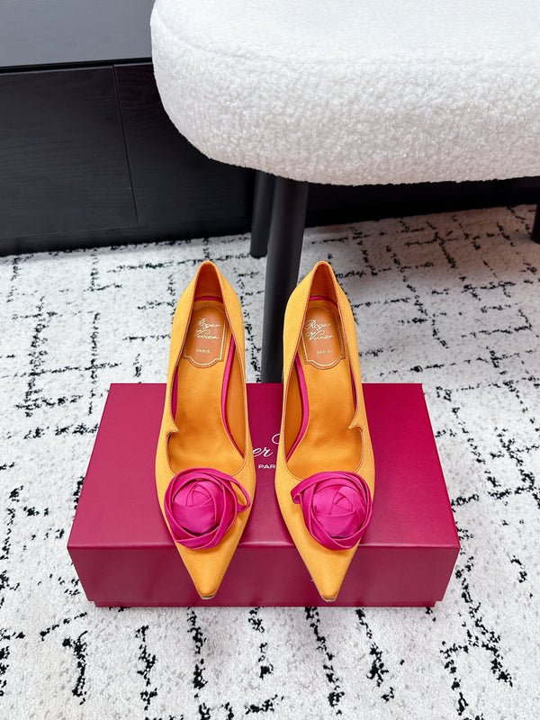 RV Rose Vivier Flower Pumps 10cm Pink Orange Satin 617297