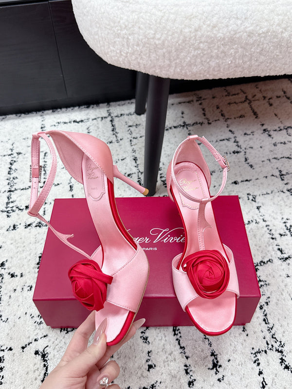 RV Rose Vivier Flower Sandal 10cm Pink Red Satin 617298