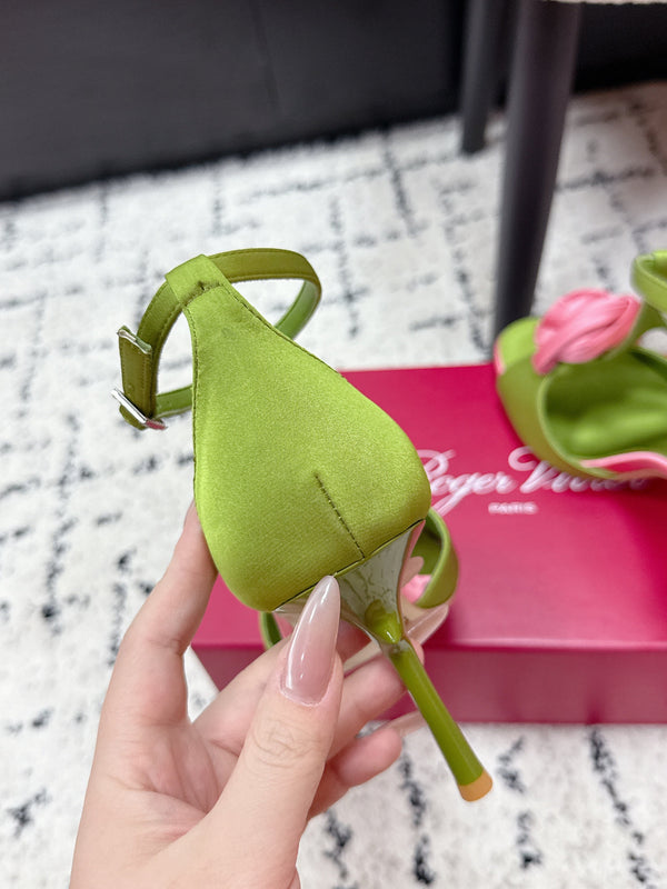 RV Rose Vivier Flower Sandal 10cm Pink Green Satin 617302