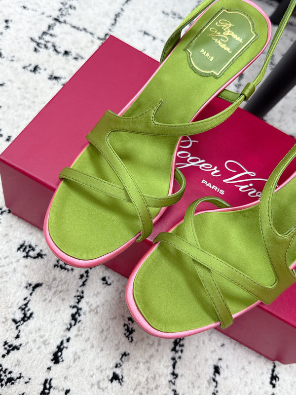 RV Rose Vivier Sandals 10cm Olive Green Satin 617305