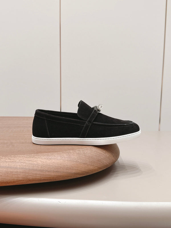 HM 26s Kelly Paris Loafers Black Suede Silver Hardware