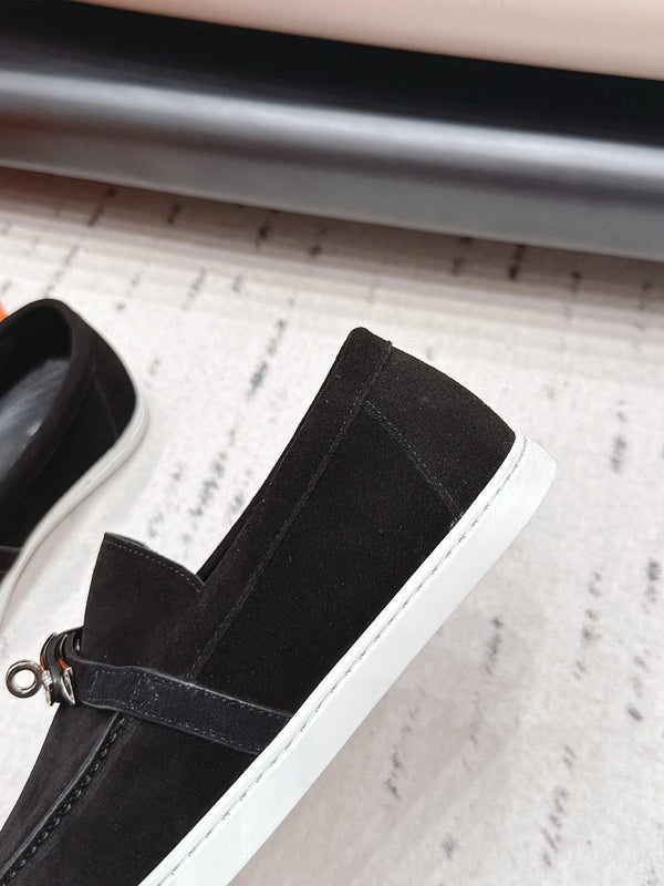 HM 26s Kelly Paris Loafers Black Suede Silver Hardware