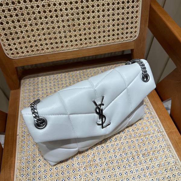 YSL Loulou Puffer Quilted Bag White Silver Lambskin 338859