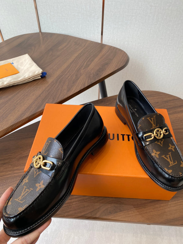 LV Chess Flat Loafer Brown Monogram Canvas & Black Patent Leather 477726