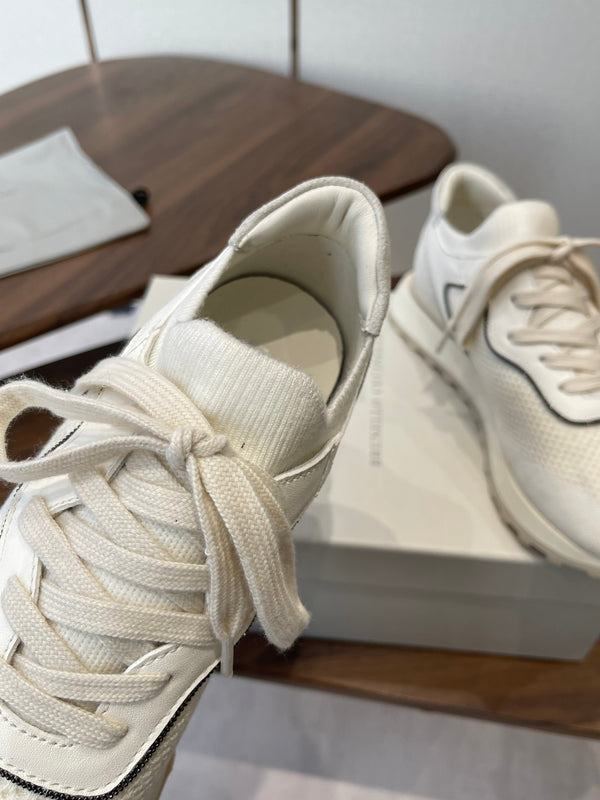 Brunello Runners With Shiny Eyelets White Suede Cotton 624468