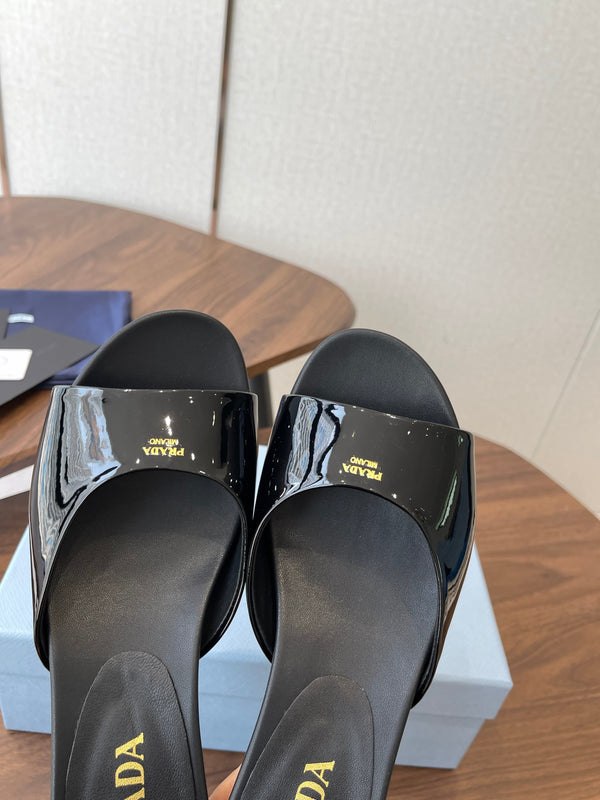 Prada Kitten Heel Sandals Black Patent Leather 727643