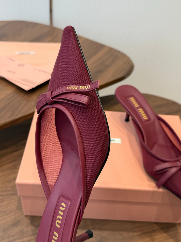 Miu 26s High-Heeled Mules Burgundy Mixed Sheepskin with Lace 790456