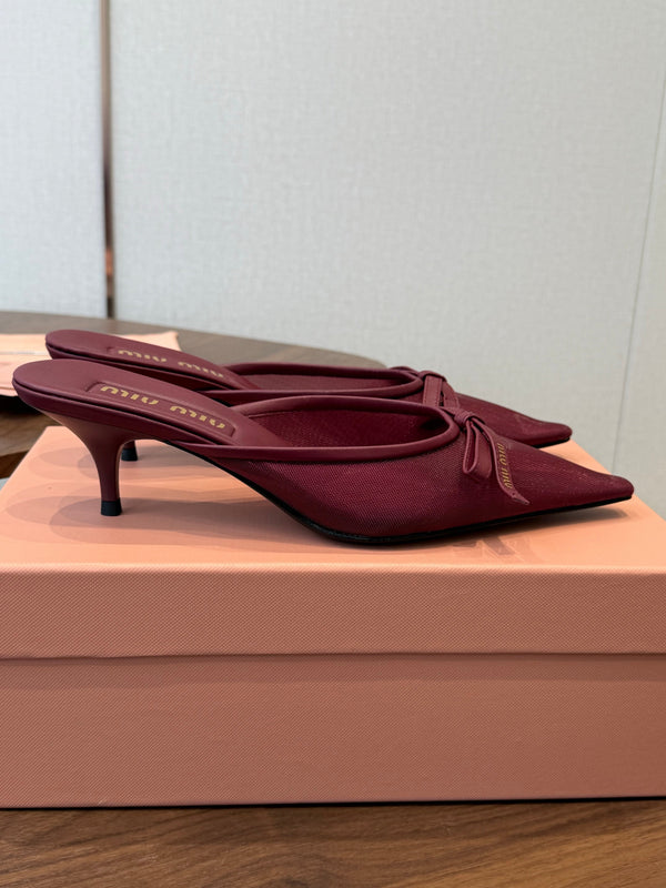 Miu 26s High-Heeled Mules Burgundy Mixed Sheepskin with Lace 790456