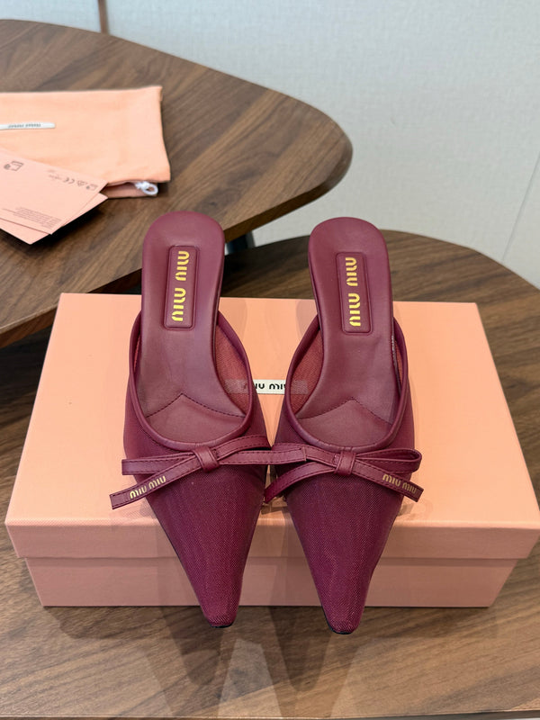 Miu 26s High-Heeled Mules Burgundy Mixed Sheepskin with Lace 790456