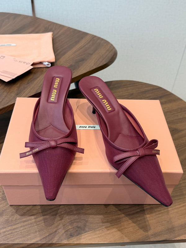 Miu 26s High-Heeled Mules Burgundy Mixed Sheepskin with Lace 790456