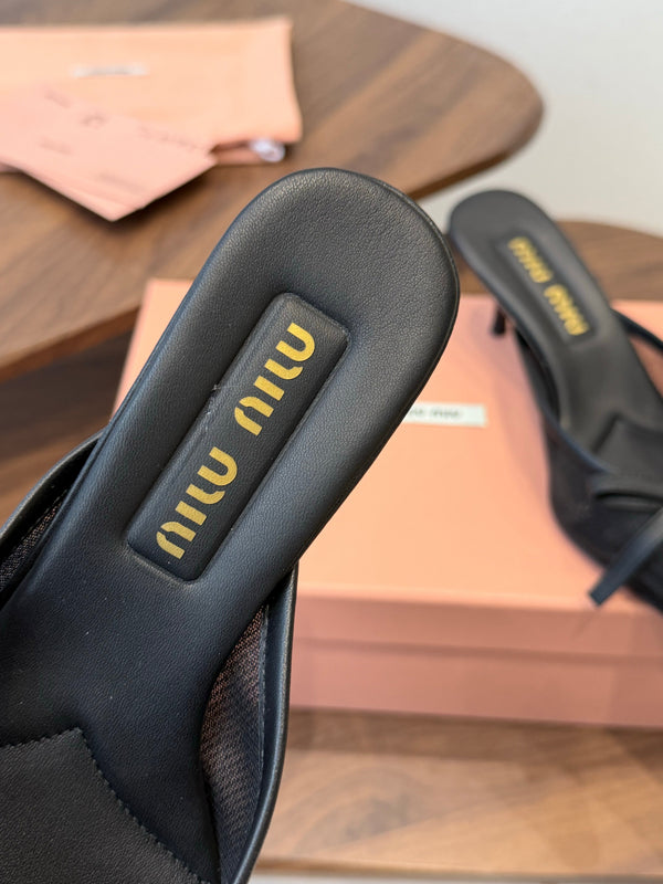 Miu 26s High-Heeled Mules Black Mixed Sheepskin with Lace 790457