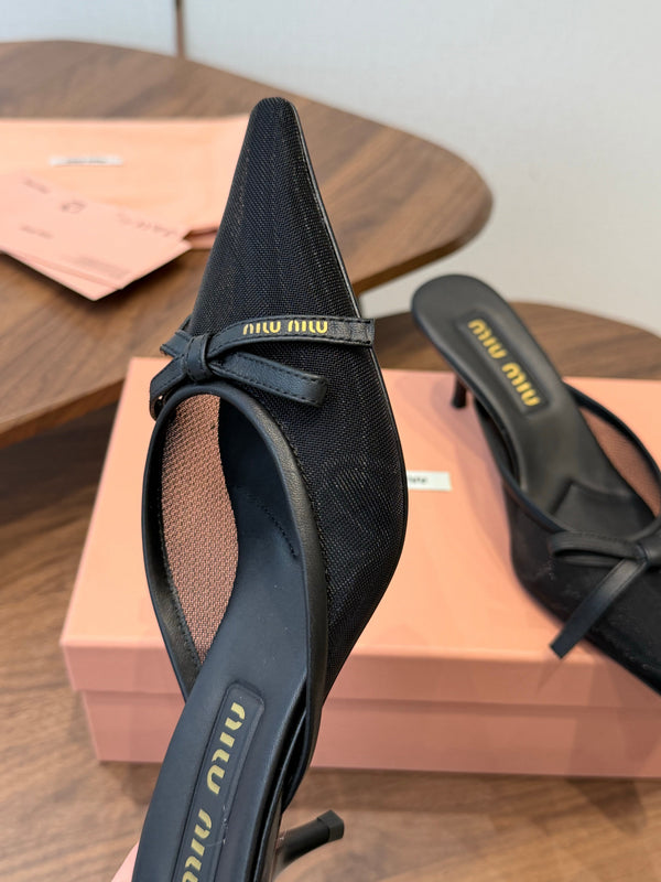 Miu 26s High-Heeled Mules Black Mixed Sheepskin with Lace 790457