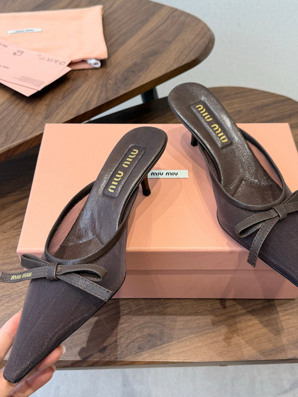 Miu 26s High-Heeled Mules Coffee Mixed Sheepskin with Lace 790458