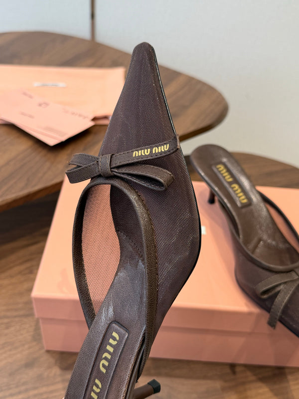 Miu 26s High-Heeled Mules Coffee Mixed Sheepskin with Lace 790458