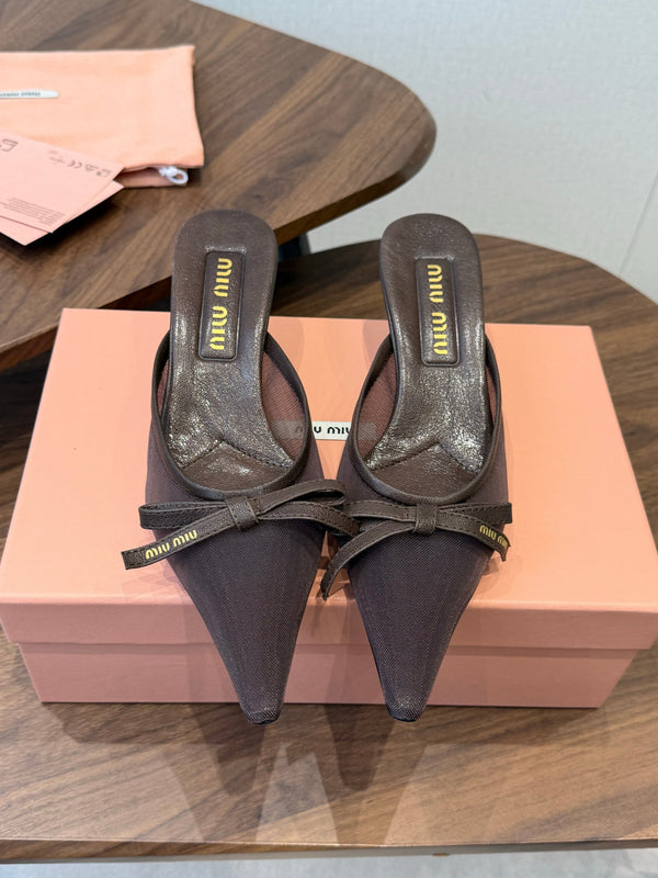 Miu 26s High-Heeled Mules Coffee Mixed Sheepskin with Lace 790458