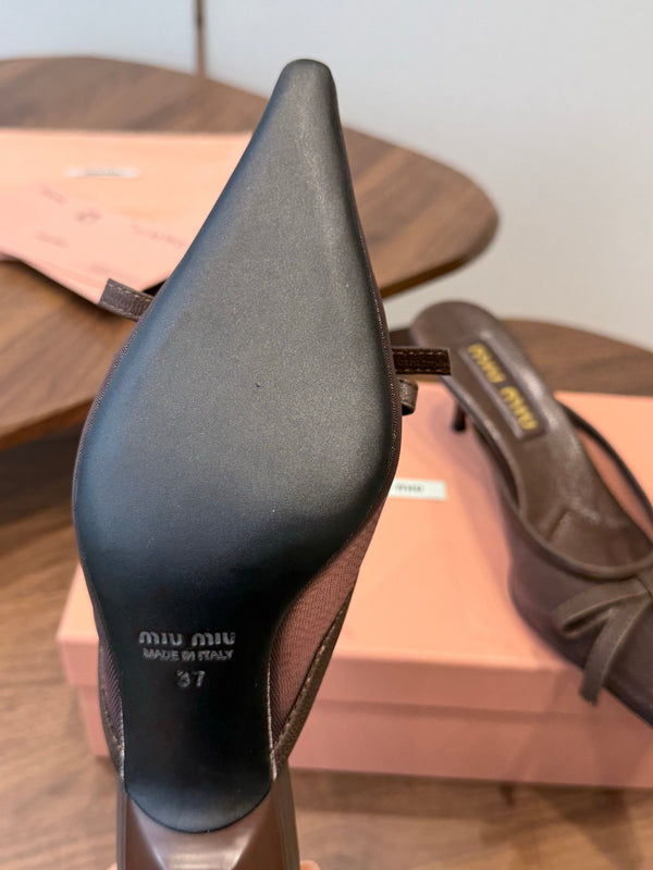 Miu 26s High-Heeled Mules Coffee Mixed Sheepskin with Lace 790458