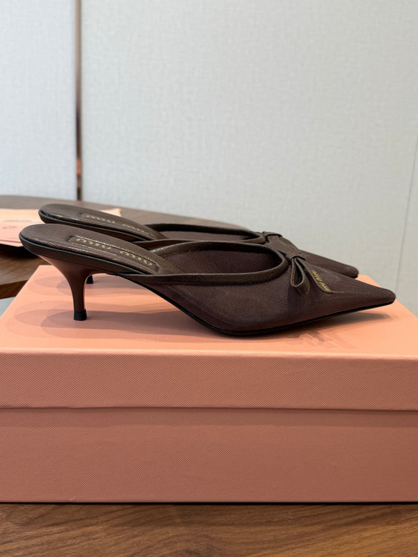 Miu 26s High-Heeled Mules Coffee Mixed Sheepskin with Lace 790458