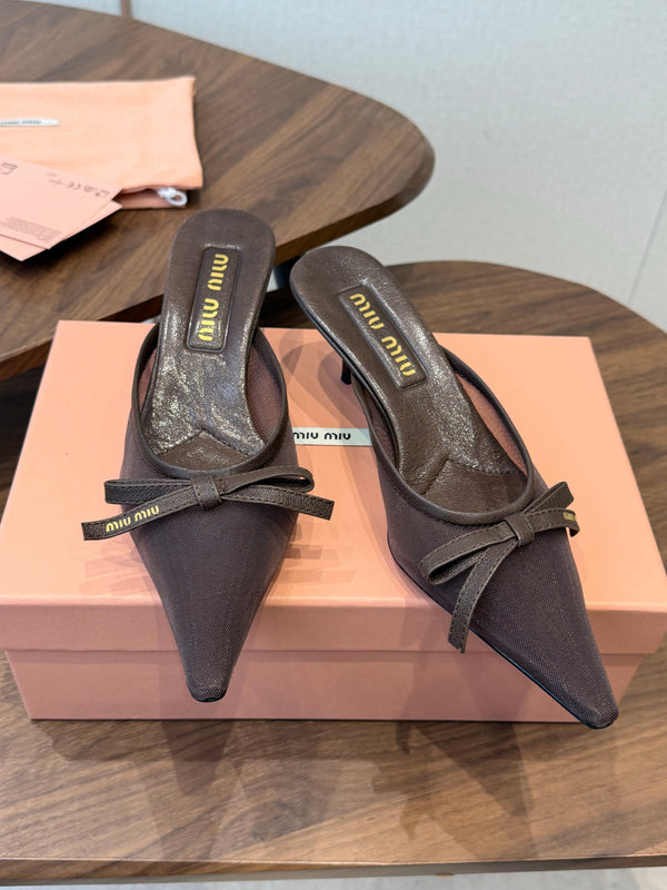 Miu 26s High-Heeled Mules Coffee Mixed Sheepskin with Lace 790458