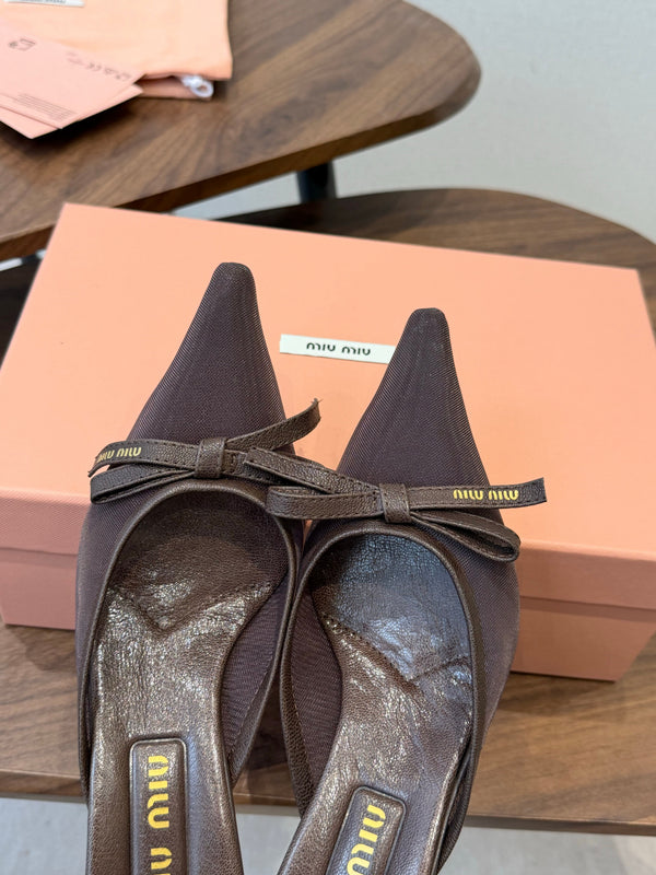 Miu 26s High-Heeled Mules Coffee Mixed Sheepskin with Lace 790458