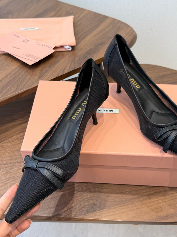 Miu 26s High-Heeled Pump Black Mixed Sheepskin with Lace 790460