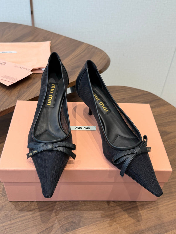 Miu 26s High-Heeled Pump Black Mixed Sheepskin with Lace 790460