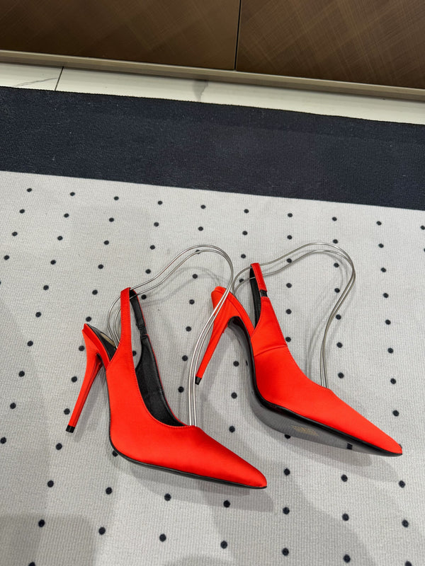 L'ENTRACTE SLINGBACK PUMPS IN RED SATIN