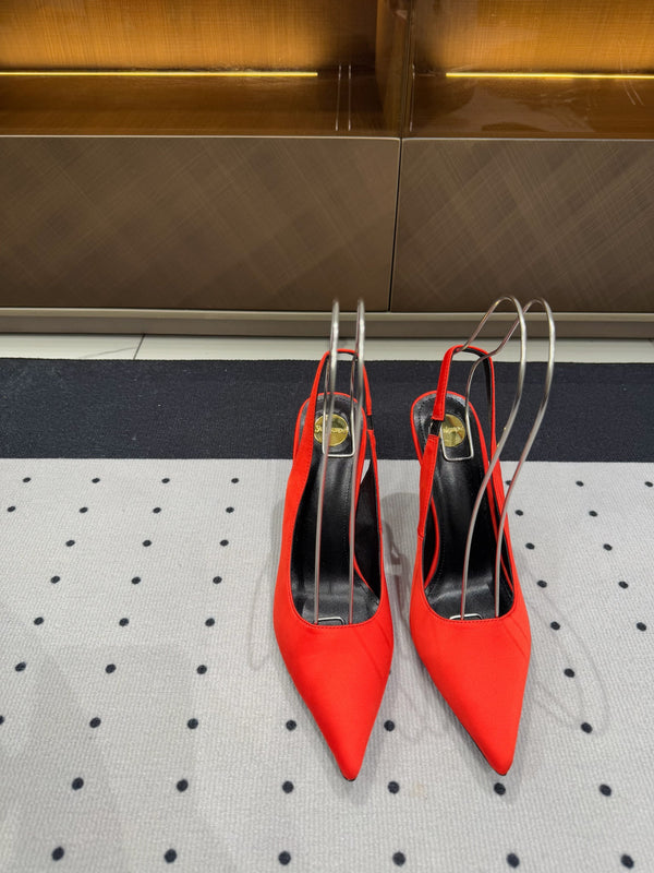 L'ENTRACTE SLINGBACK PUMPS IN RED SATIN