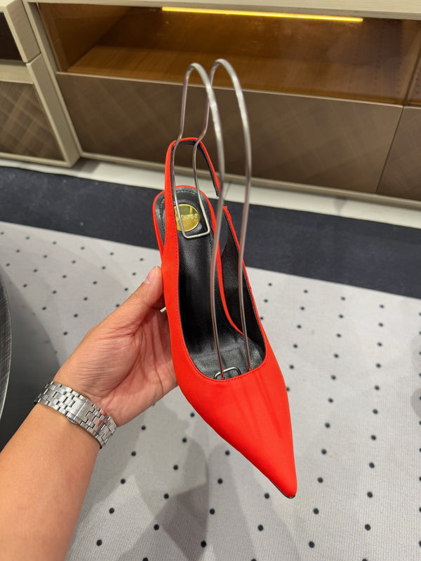L'ENTRACTE SLINGBACK PUMPS IN RED SATIN