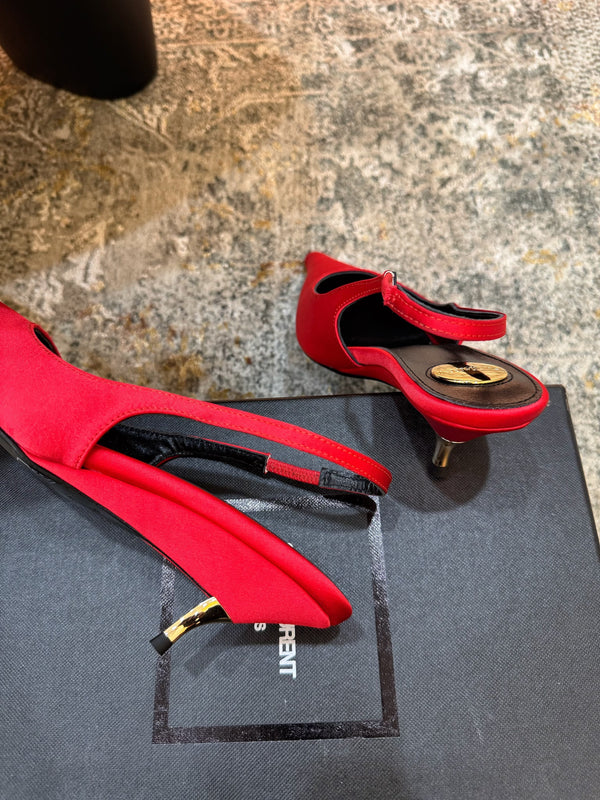YSL Anne-Marie Slingback 8cm Red Satin 637214