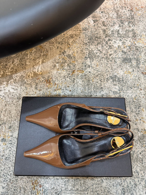 YSL Anne-Marie Slingback 8cm Brown Patent Leather 637223
