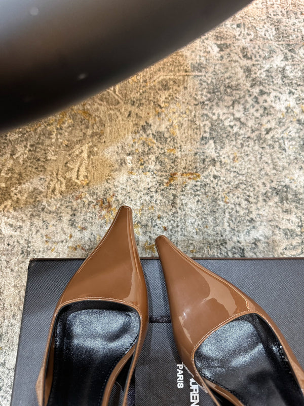 YSL Anne-Marie Slingback 8cm Brown Patent Leather 637223