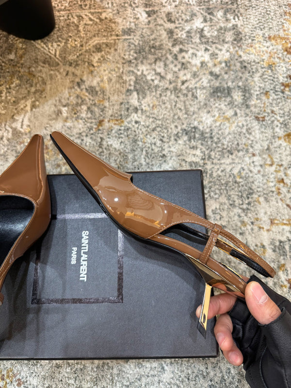 YSL Anne-Marie Slingback 8cm Brown Patent Leather 637223